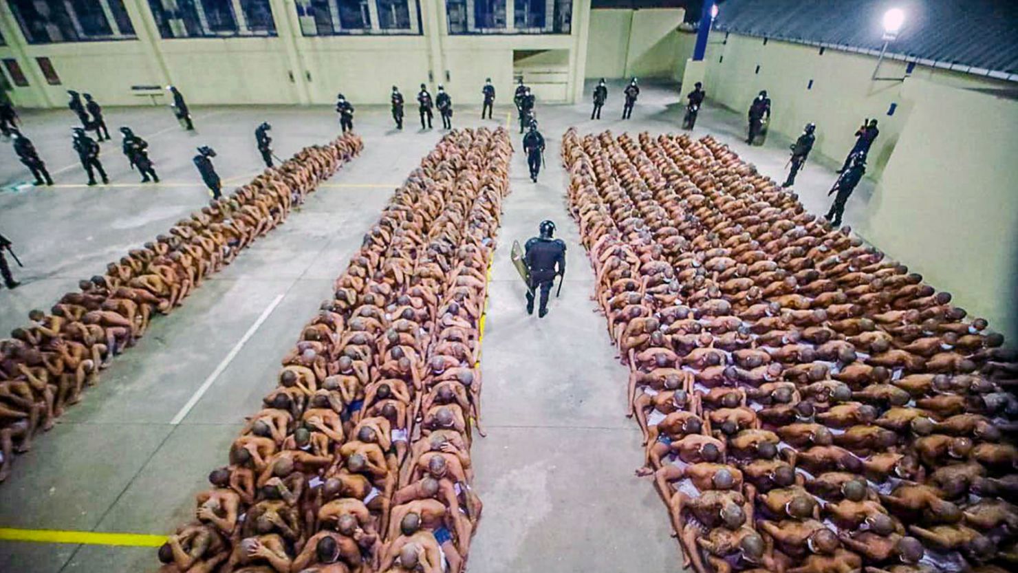 Inmates at Izalco jail are lined up together during a 24-hour lockdown ordered by El Salvador's President Nayib Bukele.