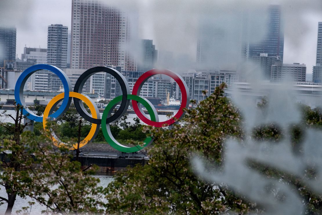 A general view shows the Olympic Rings at Odaiba waterfront in Tokyo on April 20, 2020. 