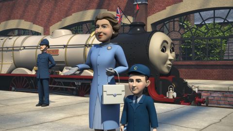 Image taken from "Thomas & Friends: The Royal Engine," featuring animations of the Queen and Prince Charles.
