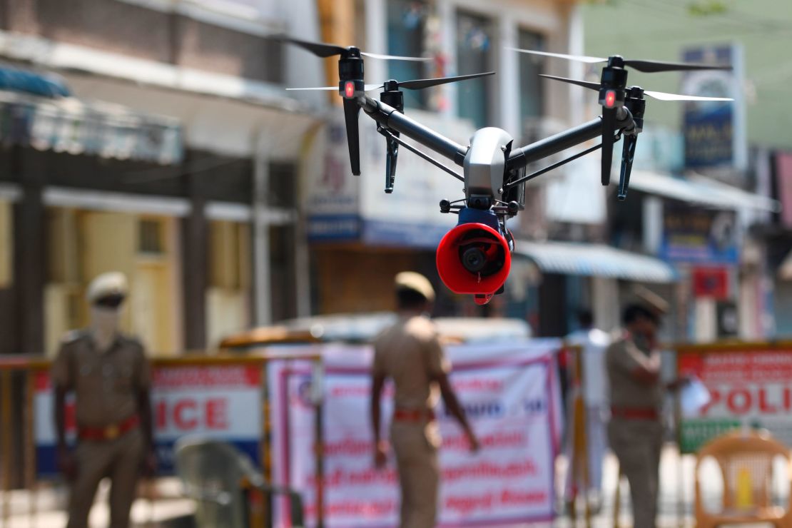 A drone used by police to monitor activities of people and spread awareness announcements in Chennai on April 4, 2020.