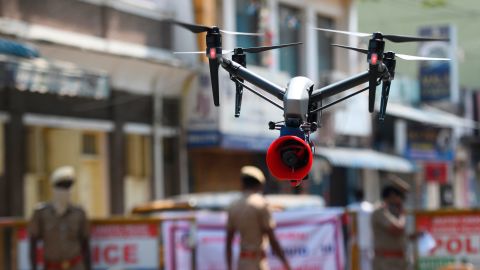 A drone used by police to monitor activities of people and spread awareness announcements in Chennai on April 4, 2020. 
