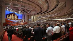 SALT LAKE CITY, UT - APRIL 06: Over 20,000 members of the Church of Jesus Christ of Latter-Day Saints and the Tabernacle Choir at Temple Square sing a song together at first session of the 189th Annual General conference of the church at the Conference Center on April 6, 2019 in Salt Lake City, Utah. Several thousands faithful Mormons from around the worlds will gather for two days of instruction from church leaders. (Photo by George Frey/Getty Images)