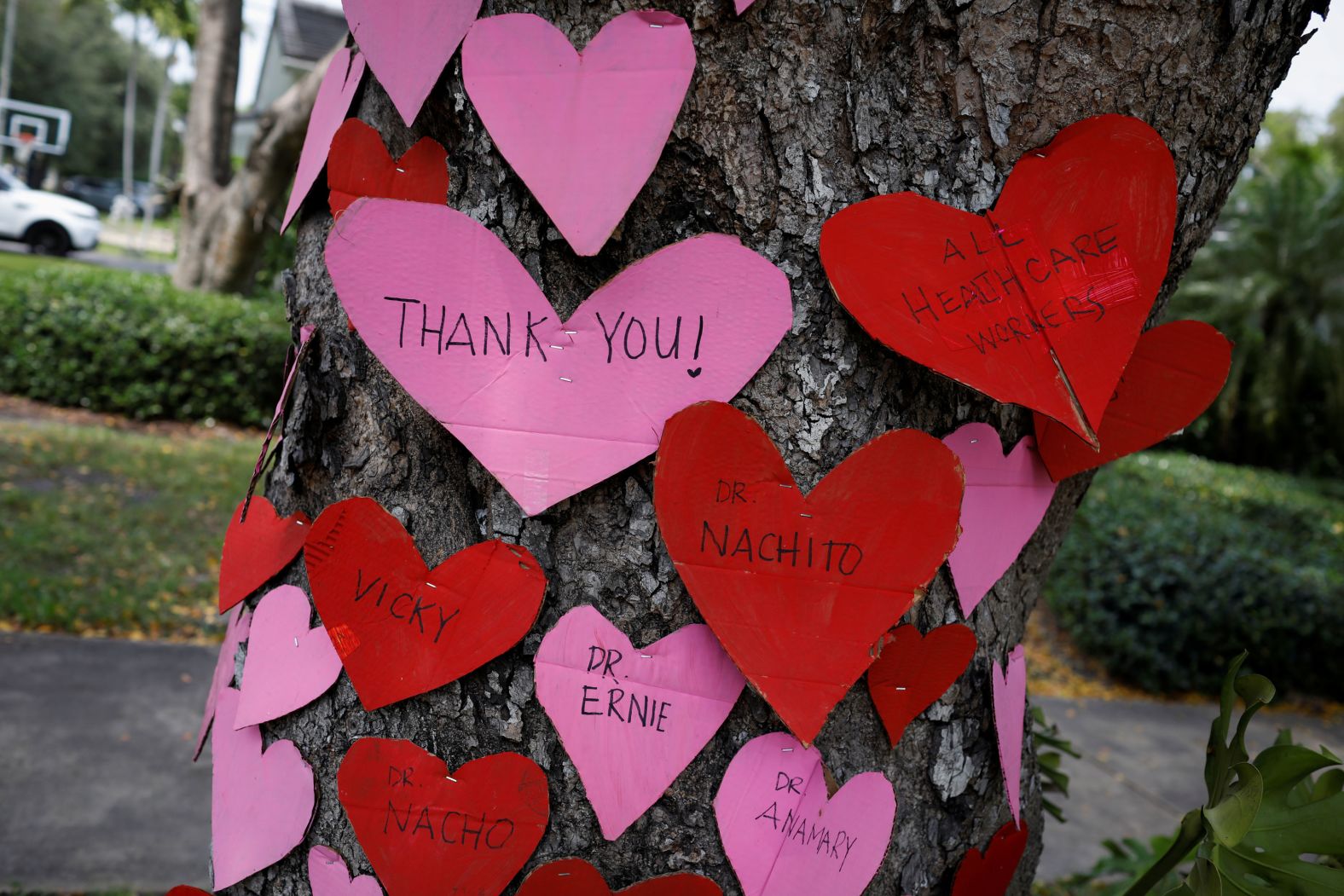 Written tributes to health-care workers and first responders are posted on a tree in Miami on April 13.