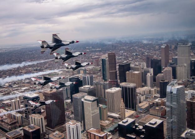 The US Air Force's air demonstration squadron flies over parts of Colorado on April 18 to show appreciation and support for essential workers. The "Thunderbirds" have conducted these flyovers over many cities during the pandemic.