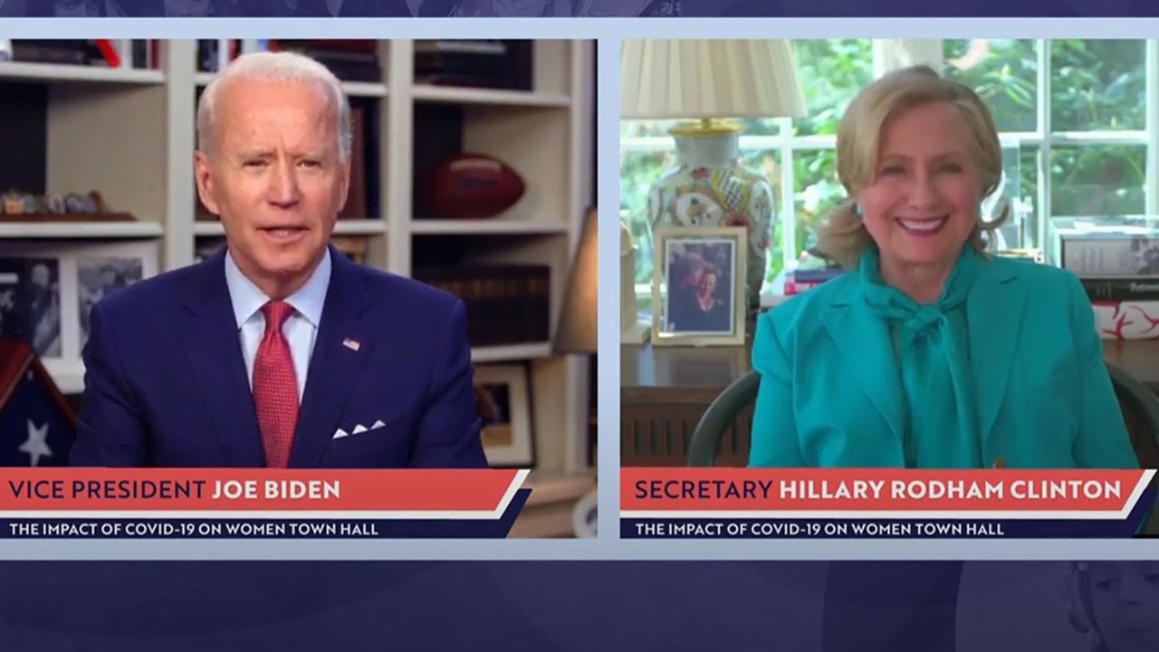 In this screengrab taken from the PBS News Hour website, former first lady, Senator and Secretary of State Hillary Clinton joins former Vice President and Democratic presidential candidate Joe Biden during a live streamed town hall on April 28, 2020 in Wilmington, Delaware. Clinton officially endorsed Biden for president during the broadcast.