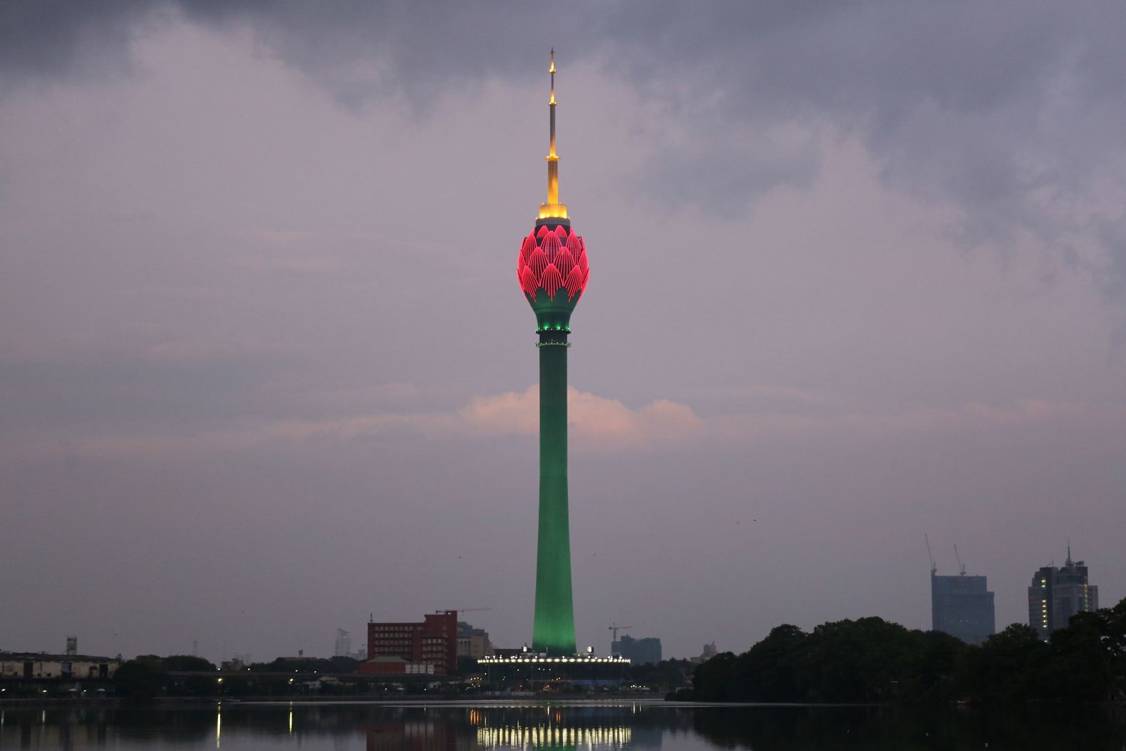 The Colombo Lotus Tower is lit in red as a tribute to workers in Colombo, Sri Lanka, on April 11.