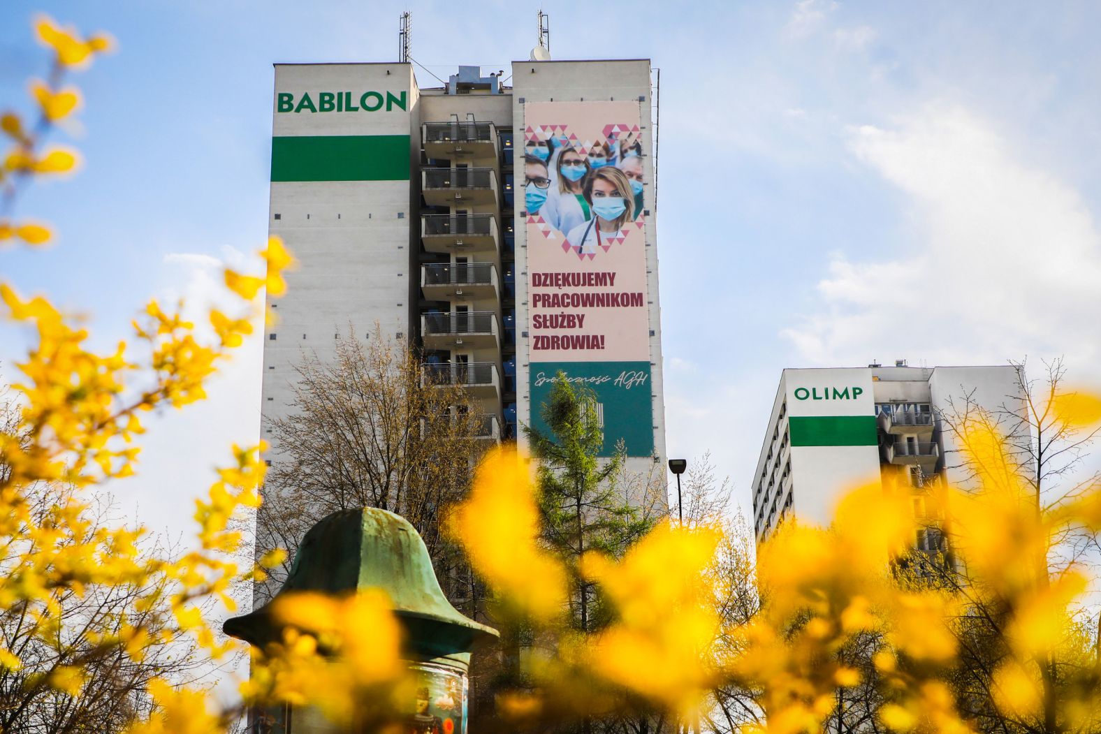 A huge banner thanks health-care workers in Krakow, Poland, on April 14.