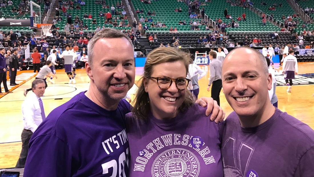 <strong>Mad world</strong>: Ryan Hedges (left) and Andrew Hilsberg with the author at Northwestern's first appearance at March Madness, Salt Lake City, 2017.