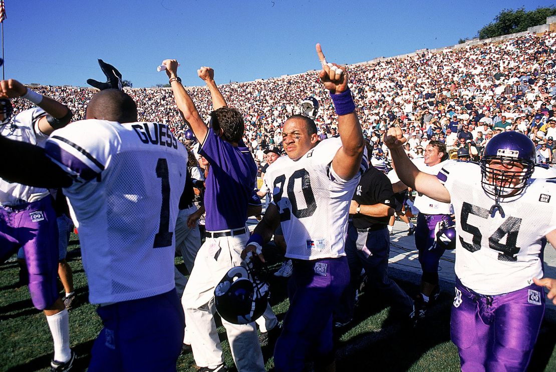 William Bennett #20 of the Northwestern Wildcats celebrates on the field after the Wildcats defeated the Fighting Irish 17-15. 