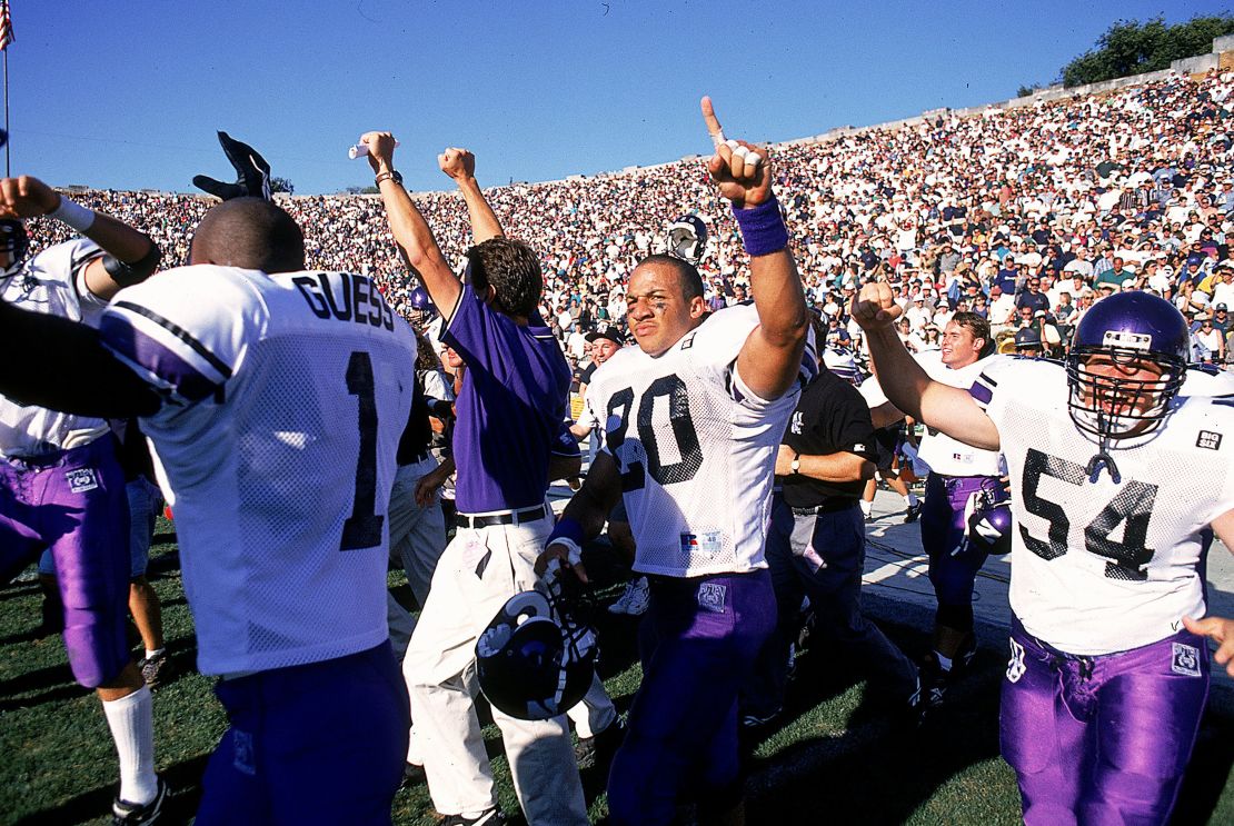 William Bennett #20 of the Northwestern Wildcats celebrates on the field after the Wildcats defeated the Fighting Irish 17-15.