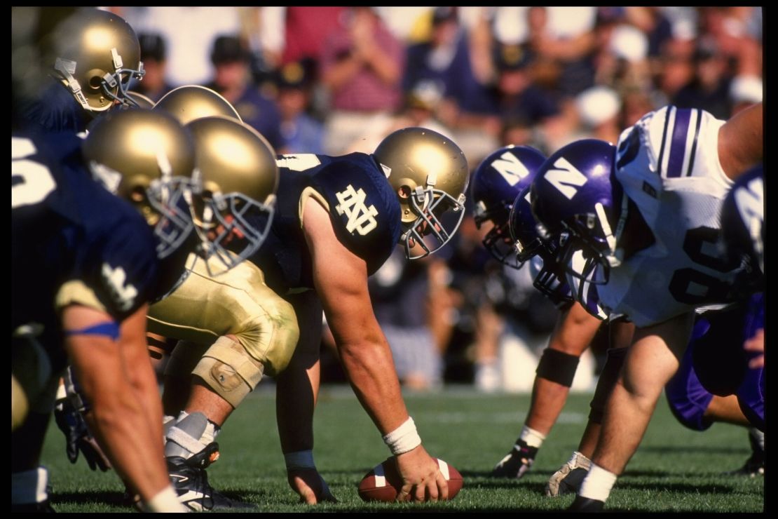 Center Dusty Zeigler of the University of Notre Dame sets to hike the football during the Fighting Irish 17-15 loss to Northwestern University at Notre Dame Stadium in South Bend, Indiana. 