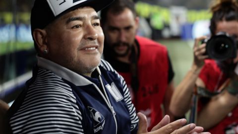Argentine former football star Diego Maradona gestures before a match in March in Buenos Aires.