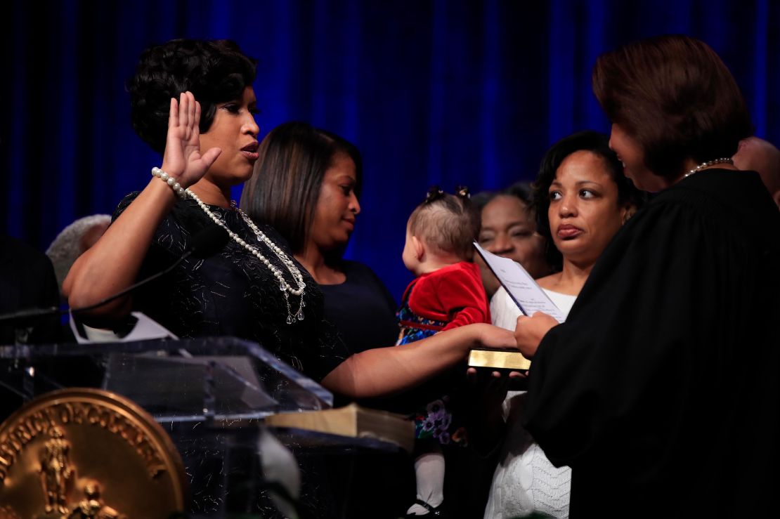 District of Columbia Mayor Muriel Bowser is sworn in as the seventh elected mayor of the District of Columbia and the first woman to ever be re-elected to the office during a ceremony at the Washington Convention Center, Jan. 2, 2019. 