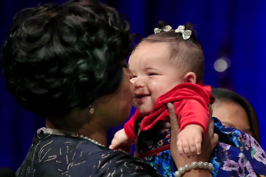 In this Jan. 2, 2019 file photo, DC Mayor Muriel Bowser kisses her daughter Miranda Elizabeth Bowser after being sworn in as mayor of the District of Columbia. 