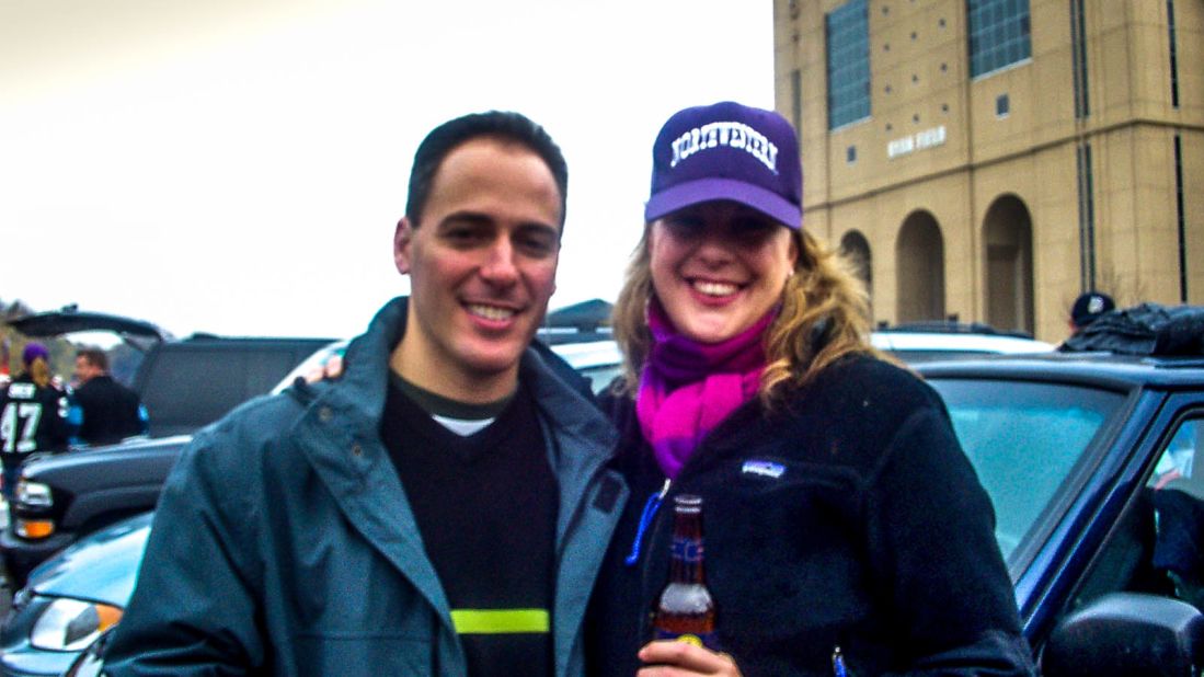 <strong>Let's tailgate</strong>: Superfan Andrew Hilsberg with the author at a tailgate before Northwestern beat Wisconsin in 2003.