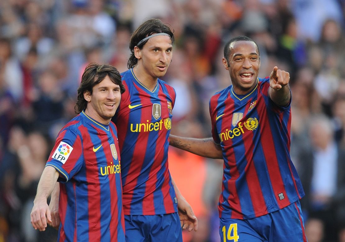 Henry with Lionel Messi (left) and Zlatan Ibrahimovic (middle) at Barcelona.