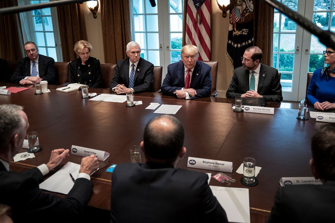 President Donald Trump leads a meeting with the White House Coronavirus Task Force and pharmaceutical executives in the Cabinet Room of the White House on March 2.