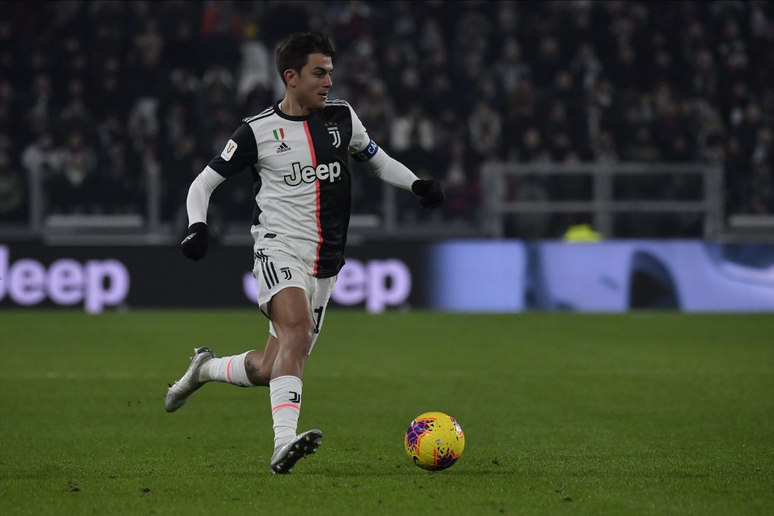 Dybala controls the ball during the Coppa Italia match against Udinese.