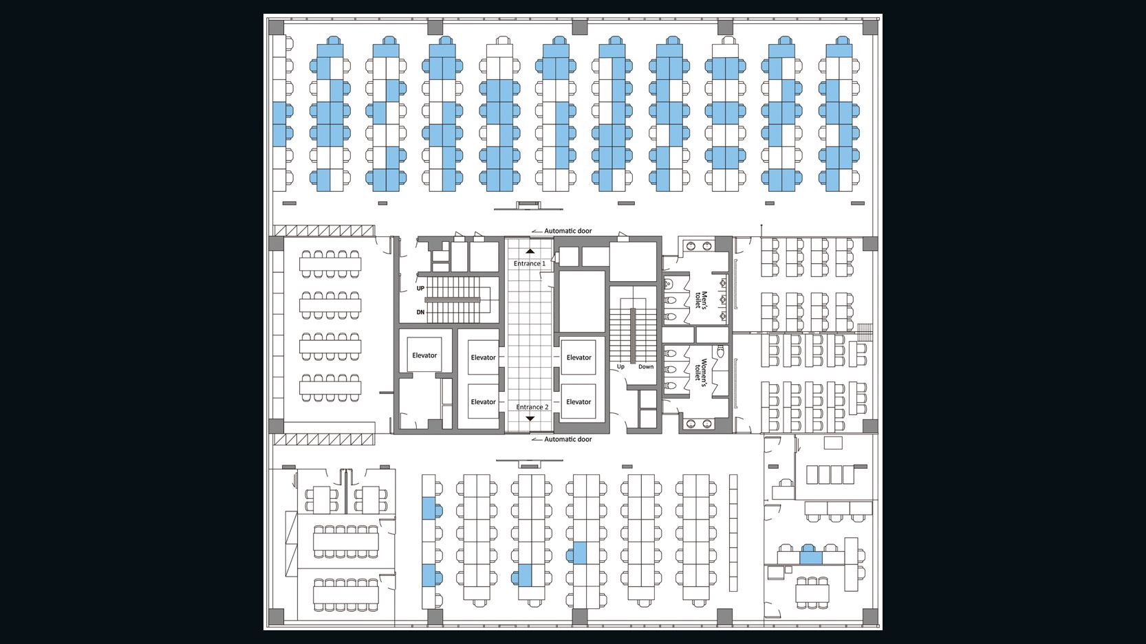 A diagram from the CDC site shows the floor plan of the 11th floor of a building in Seoul, South Korea, that was the site of a coronavirus disease outbreak in 2020. The blue shading shows the seating locations of people who became infected.