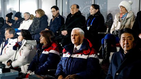 Dignitaries including (bottom left to right) South Korea's President Moon Jae-in, Moon's wife Kim Jung-Sook, US Vice President Mike Pence, Pence's wife Karen Pence, Japan's Prime Minister Shinzo Abe, North Korea's ceremonial head of state Kim Yong Nam (back, third right), Kim Yo Jong (back second right) and German President Frank-Walter Steinmeier's wife Elke Buedenbender (back right) attend the opening ceremony of the Pyeongchang 2018 Winter Olympic Games.