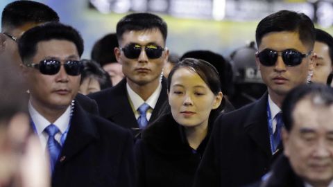 Kim Yo Jong, center, arrives at the Jinbu train station in Pyeongchang, South Korea on February 9, 2018.