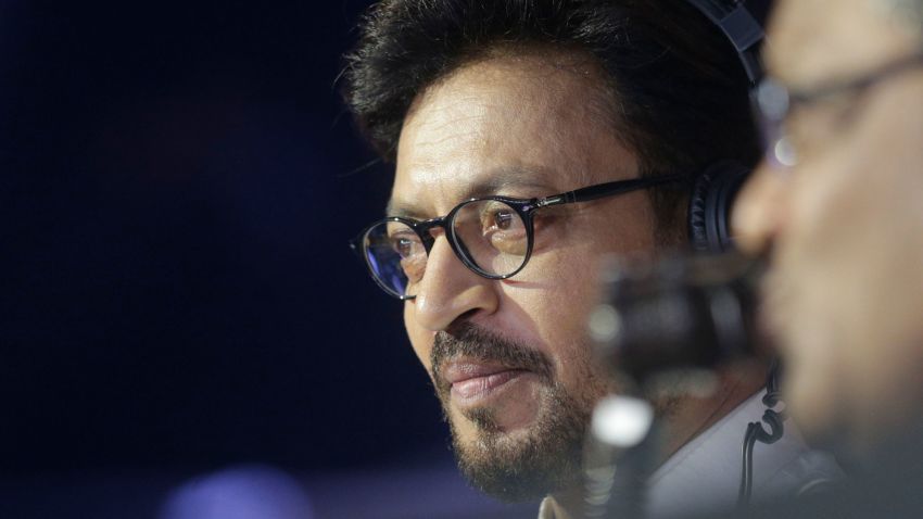 FILE- In this Oct. 23, 2017 file photo, Bollywood actor Irrfan Khan watches a Vivo Pro Kabaddi league match in Mumbai, India. Khan, a veteran character actor in Bollywood movies and one of India's most well-known exports to Hollywood, has died. He was 54. (AP Photo/Rafiq Maqbool, File)