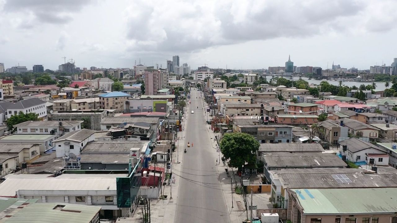 An aerial view shows empty streets in Lagos, Nigeria's economic hub, on March 31, 2020, during a Covid-19 lockdown.
