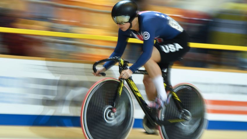 Mandy Marquardt of the US takes part in the qualifying round for the women's sprint during the UCI Track Cycling World Championships in Apeldoorn on March 1, 2018.