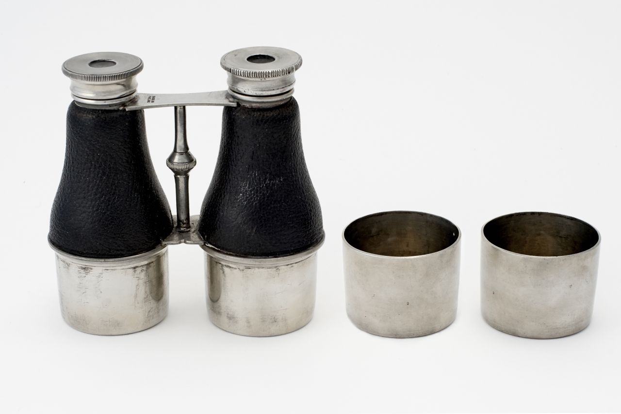 Made in 1935, these aluminum and leather-covered binoculars are in fact a double spirit flask in disguise.