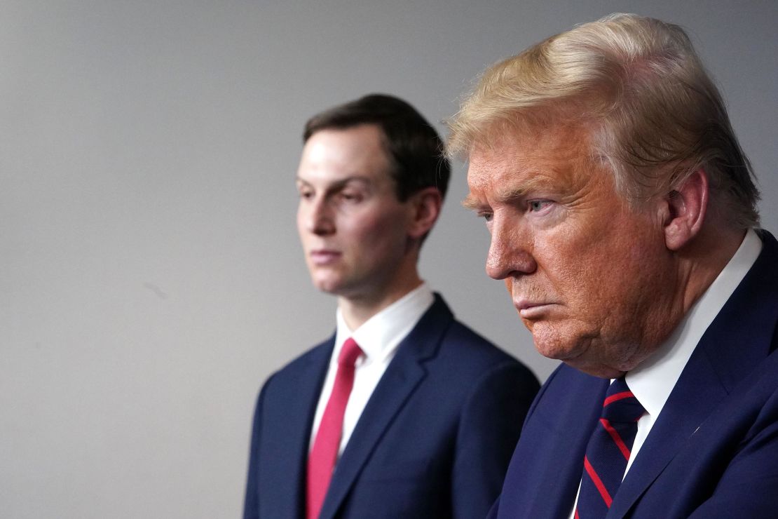 President Donald Trump, flanked by senior advisor Jared Kushner, speaks during the coronavirus task force briefing at the White House on April 2, 2020.
