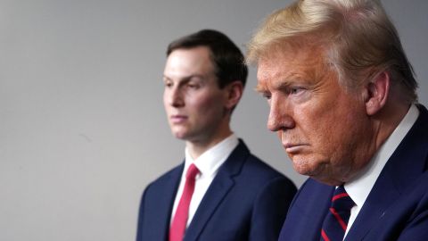 US President Donald Trump speaks, flanked by Senior Advisor to the President Jared Kushner (L), during the daily briefing on the novel coronavirus, COVID-19, in the Brady Briefing Room at the White House on April 2, 2020, in Washington, DC.