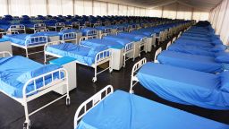 Rows of beds inside the male section at a COVID-19 coronavirus isolation centre at the Sani Abacha stadium in Kano, Nigeria, on April 7, 2020. - The centre is being built with donations from Kano-born Aliko Dangote, a Nigerian businessman and philanthropist and Africa's richest man. (Photo by AMINU ABUBAKAR / AFP) (Photo by AMINU ABUBAKAR/AFP via Getty Images)