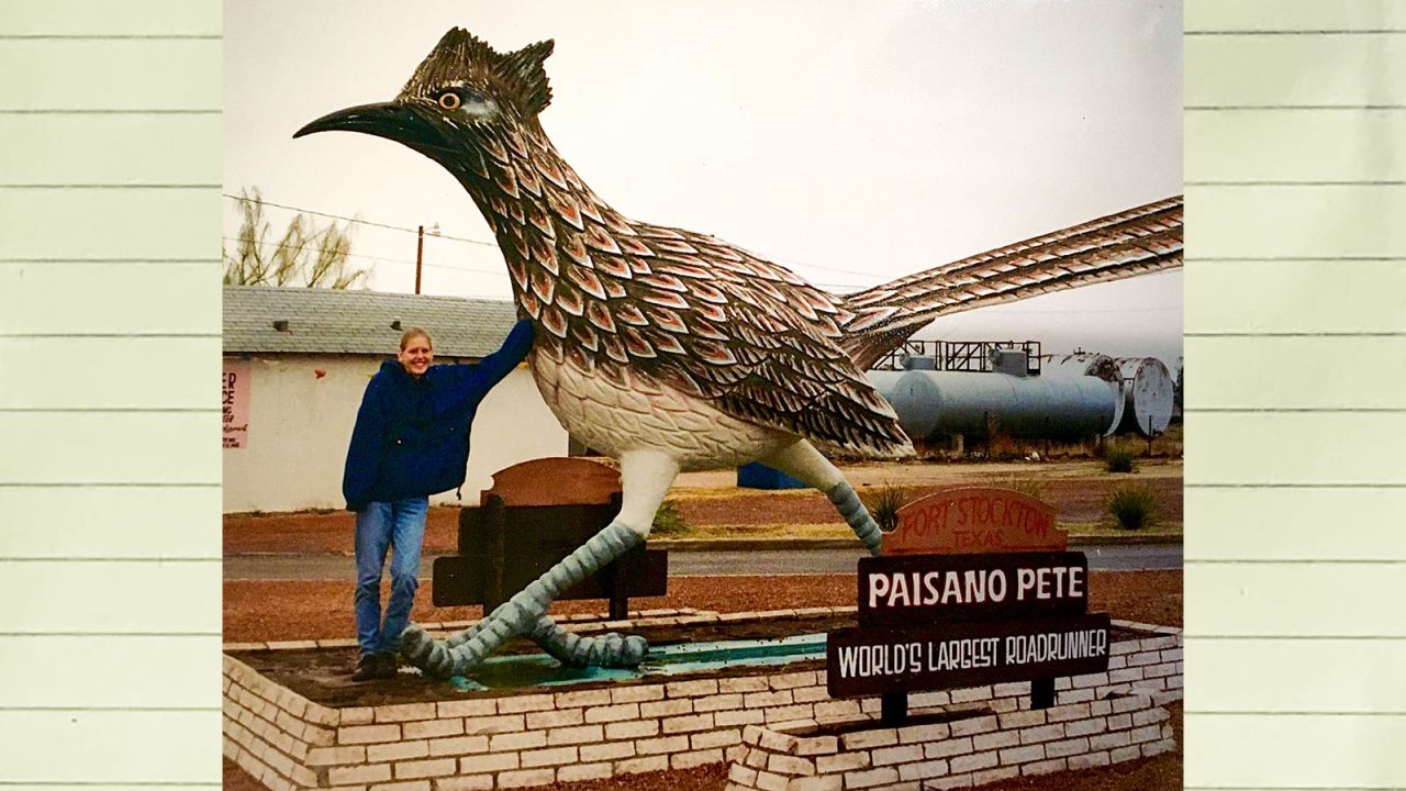 Anna and I stop at roadside attractions, like the largest roadrunner statue, in Fort Stockton, Texas.