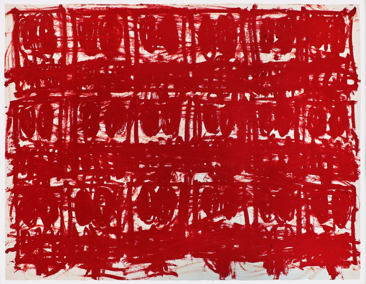 Johnson's new series "Untiled Anxious Red Drawings," is bold red to express urgency and alarm.