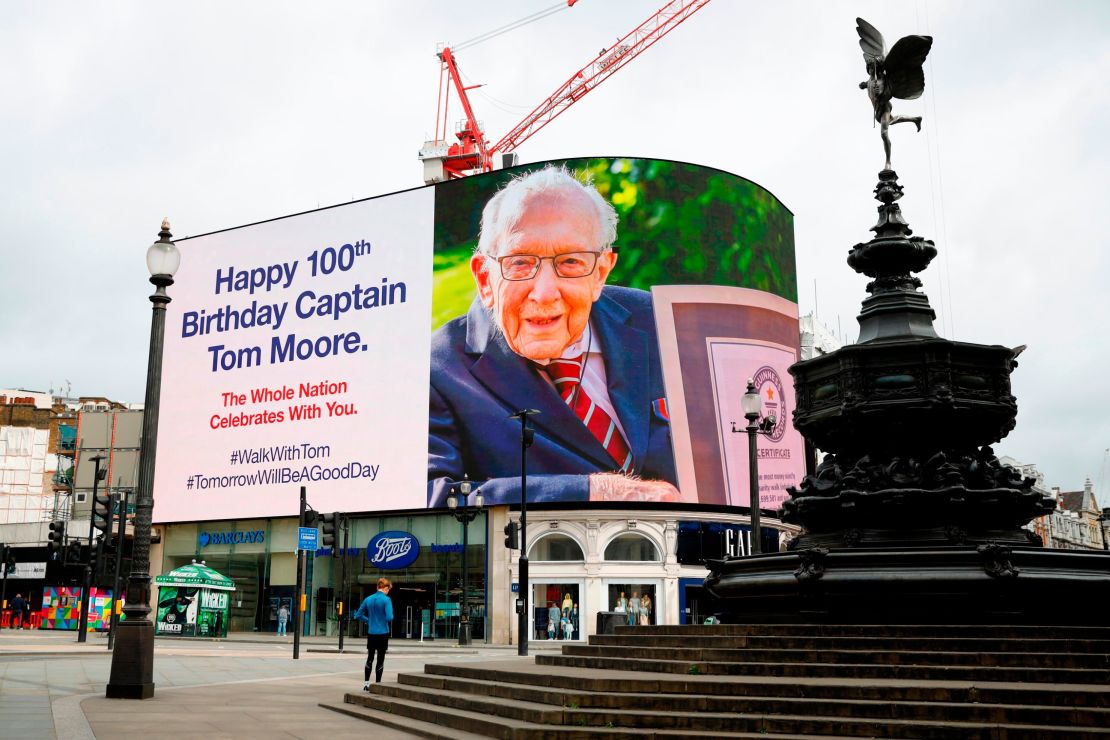 A birthday message for Moore was displayed on advertising boards in a deserted Piccadilly Circus in London on April 30 last year.
