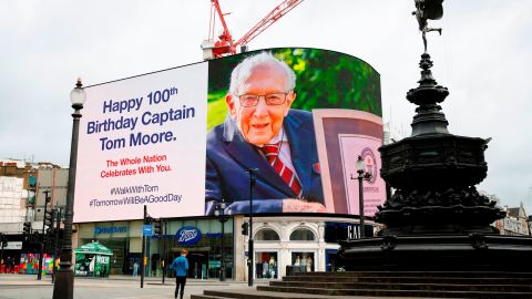 A birthday message for Moore was displayed on advertising boards in a deserted Piccadilly Circus in London on April 30 last year.