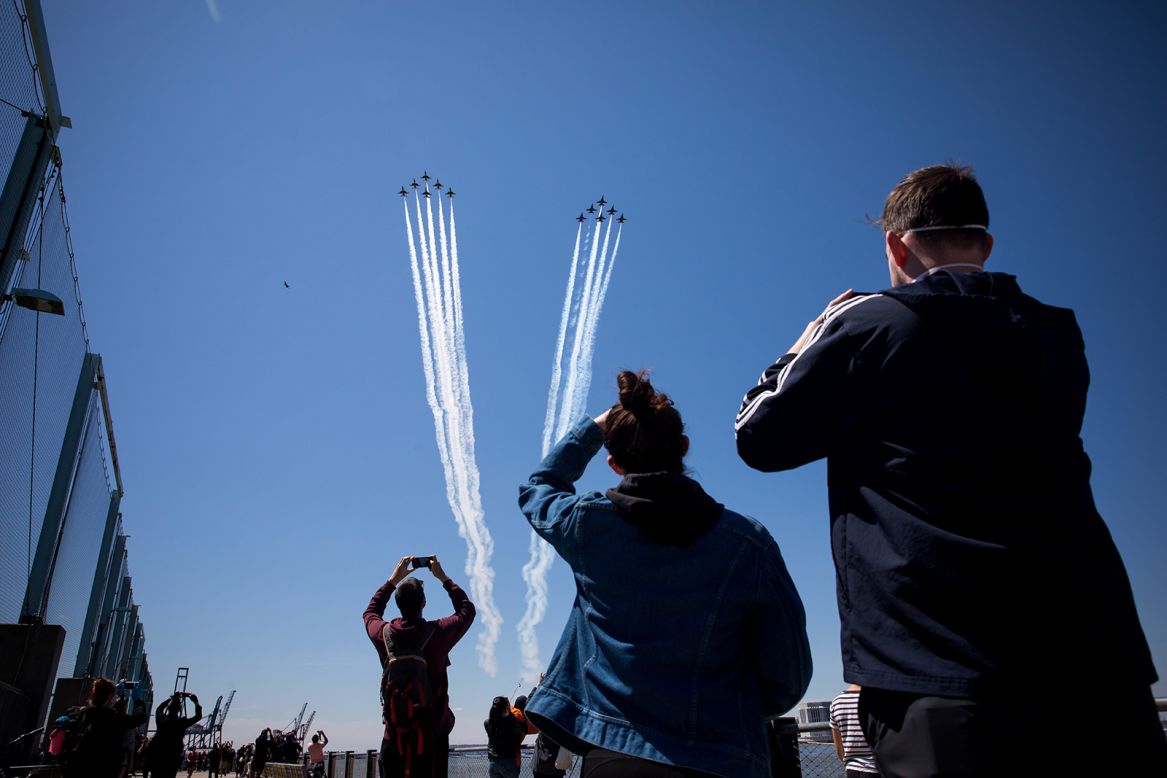 The US Air Force's air demonstration squadron flies over New York on Tuesday, April 28, to show appreciation and support for essential workers. The "Thunderbirds" have conducted these flyovers over many cities during the pandemic.