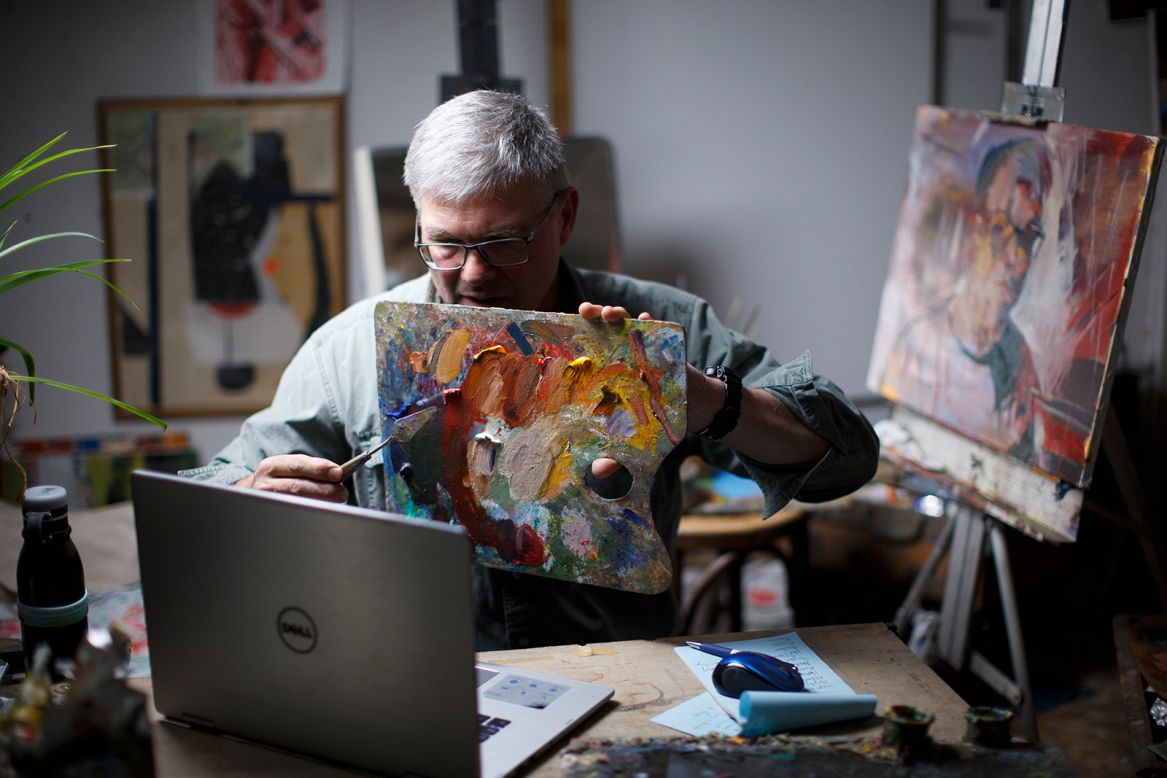 Fred Haag, an associate professor of visual arts at Penn State York, conducts a remote class from his small farm in Hellam, Pennsylvania, on Wednesday, April 22.