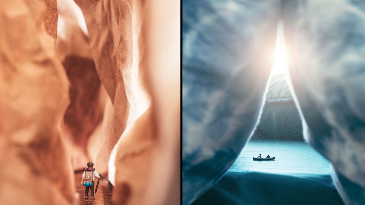 <strong>"Our Great Indoors": </strong>Los Angeles-based photographer Erin Sullivan has a creative way of bringing the outdoors inside during her self-quarantine and is sharing it with the world. She welcomes her Instagram followers to hike through "Paper Bag Canyon" or paddle through the ice caves. Click through the gallery for more of her miniature adventure scenes: