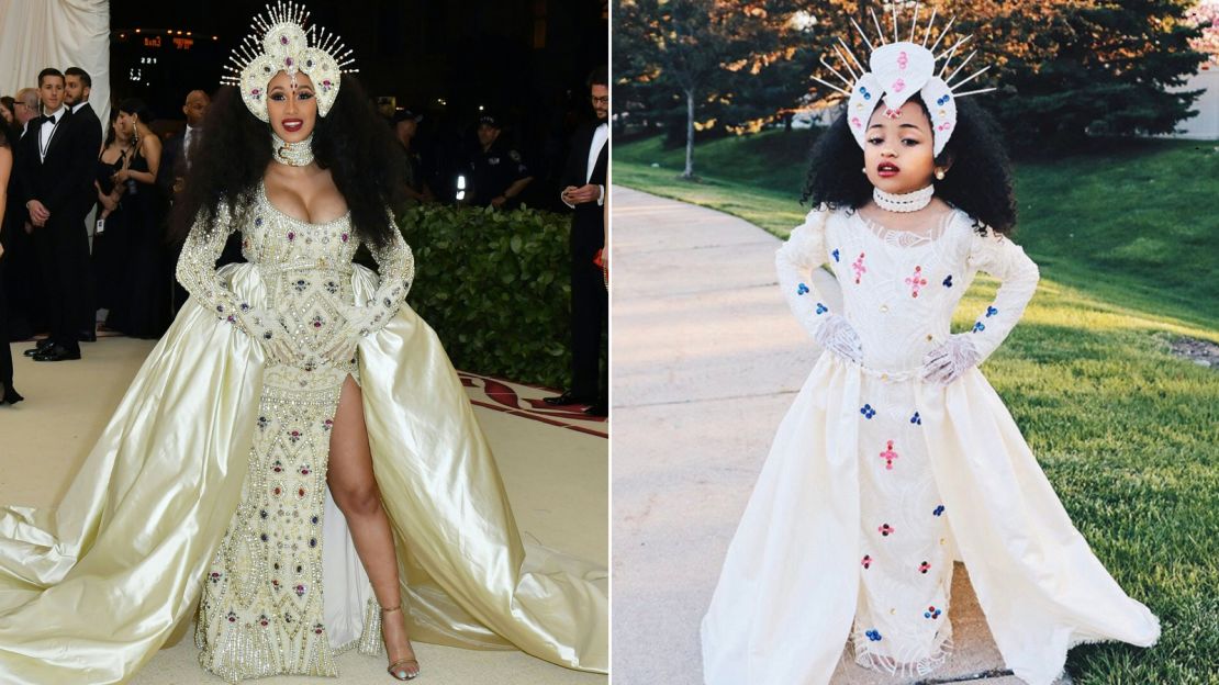 Cardi B (left) at the 2017 "Heavenly Bodies: Fashion and the Catholic Imagination" Met Gala, and 7-year-old Aili Adalia Boler in her appropriation. 