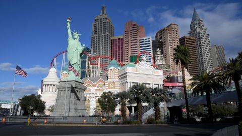LAS VEGAS, NEVADA - MARCH 17:  An exterior view shows the New York-New York Hotel & Casino after the Las Vegas Strip resort was closed as the coronavirus continues to spread across the United States on March 17, 2020 in Las Vegas, Nevada. MGM Resorts International, which owns the New York-New York, suspended operations at all of its Las Vegas properties until further notice to combat the spread of the virus. The World Health Organization declared the coronavirus (COVID-19) a global pandemic on March 11th.  (Photo by Ethan Miller/Getty Images)
