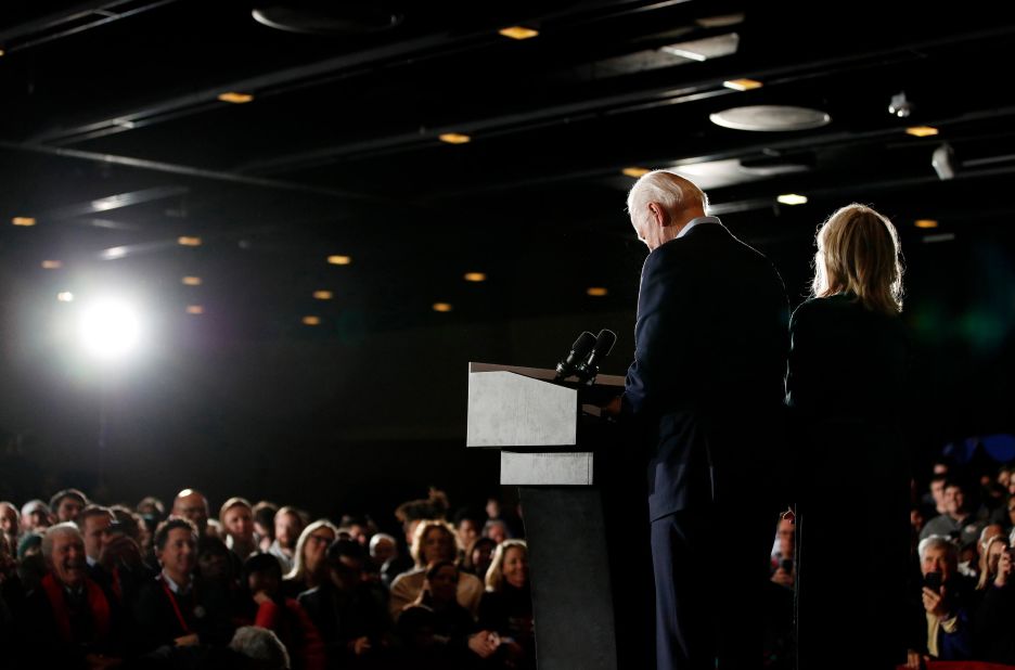 Biden speaks at a caucus-night rally in Des Moines, Iowa, in February 2020. He finished a disappointing fourth.