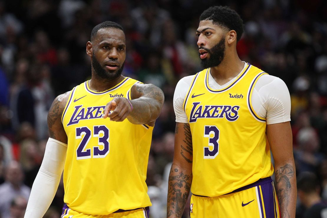 Anthony Davis #3 of the Los Angeles Lakers and LeBron James #23 of the Los Angeles Lakers talk during the game against the New Orleans Pelicans at Smoothie King Center on November 27, 2019 in New Orleans, Louisiana.