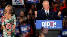 Democratic presidential candidate former Vice President Joe Biden, accompanied by his wife Jill Biden, speaks at a primary night election rally in Columbia, S.C., Saturday, Feb. 29, 2020.
