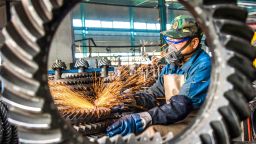QINGZHOU, CHINA - APRIL 30, 2020 - A worker works in a gear production workshop in Qingzhou City, Shandong Province, China, April 30, 2020. China's Manufacturing Purchasing Managers Index (PMI) was 50.8% in April. (Photo by Costfoto/Barcroft Media via Getty Images)