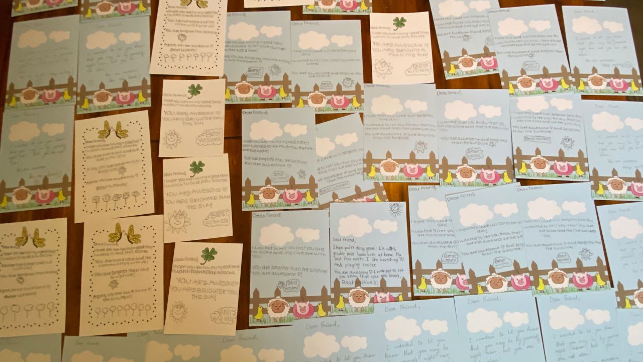 Handwritten notes, by Gupta's 9-year-old brother, are included in the goodie bags.