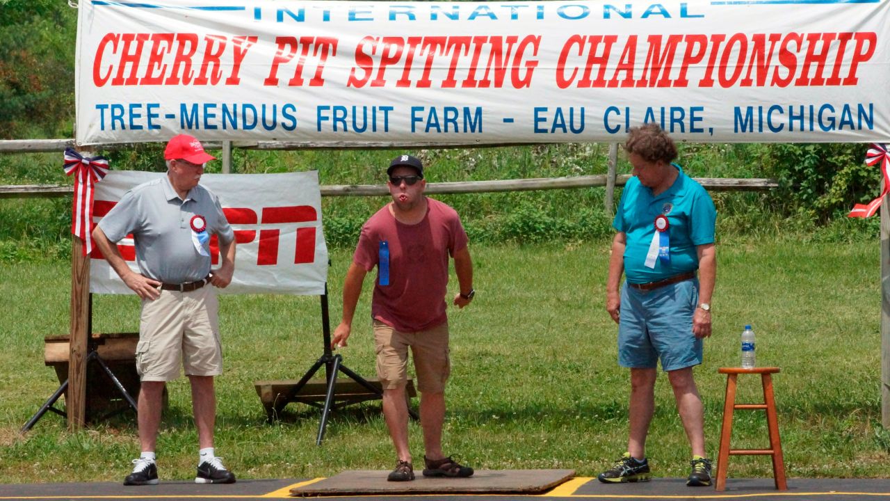 Participants competing in the 46th annual Cherry Pit-Spitting Championship.