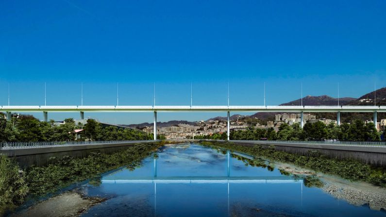 <strong>Bridge of hope: </strong>The new Genoa bridge, pictured here in an architect's rendering, is nearing completion after the final section was elevated into place.