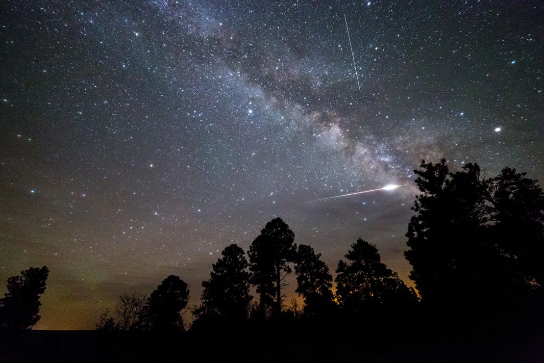 This image shows the Eta Aquarid meteor in 2016, seen on the Coconino Rim along the Arizona Trail.