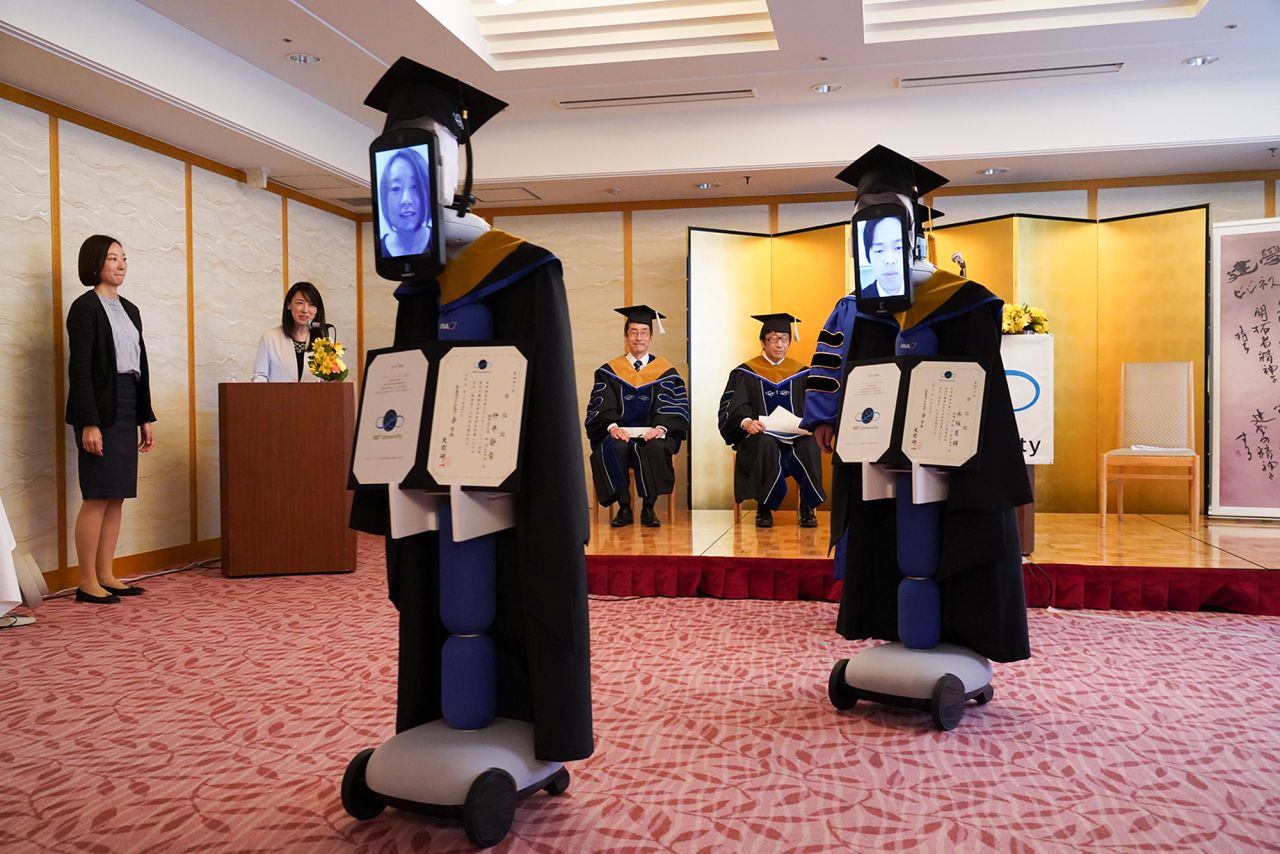 BBT University in Tokyo held a virtual graduation ceremony March 28 using robots. The graduates watched their ceremony through their robot's point of view.